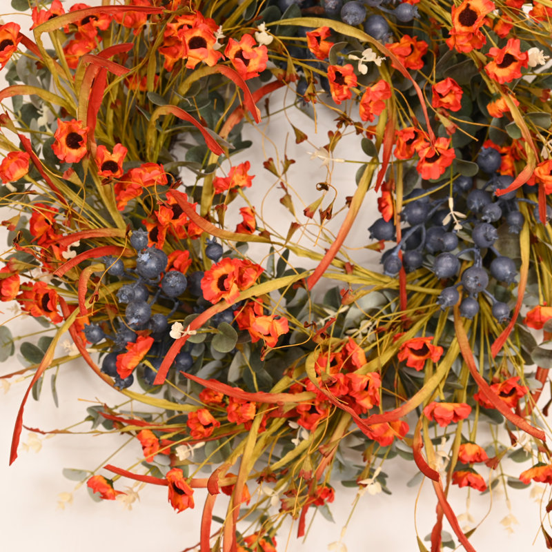 Couronne de 26 po Eucalyptus rustique artificiel baie orange brûlé coquelicot sauvage, Blue