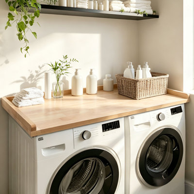Washer Dryer Countertop with Edge Rails, 54" x 27.5", Natural Wood Laundry Topper