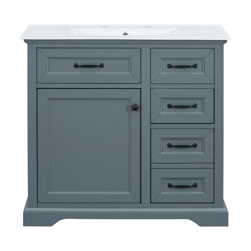 36" Bathroom Vanity with Ceramic Sink, 2 Tip-out Drawers, Soft Close Door Hinges, Blue Gray