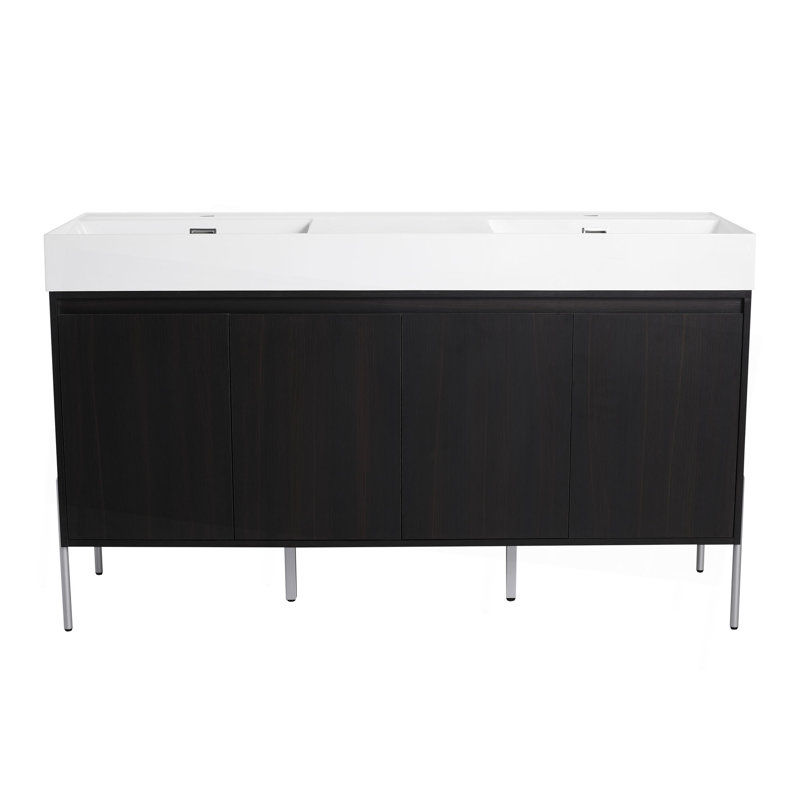 Meuble-lavabo autoportant de 60 po avec double lavabo en résine, armoire de rangement avec portes à fermeture douce