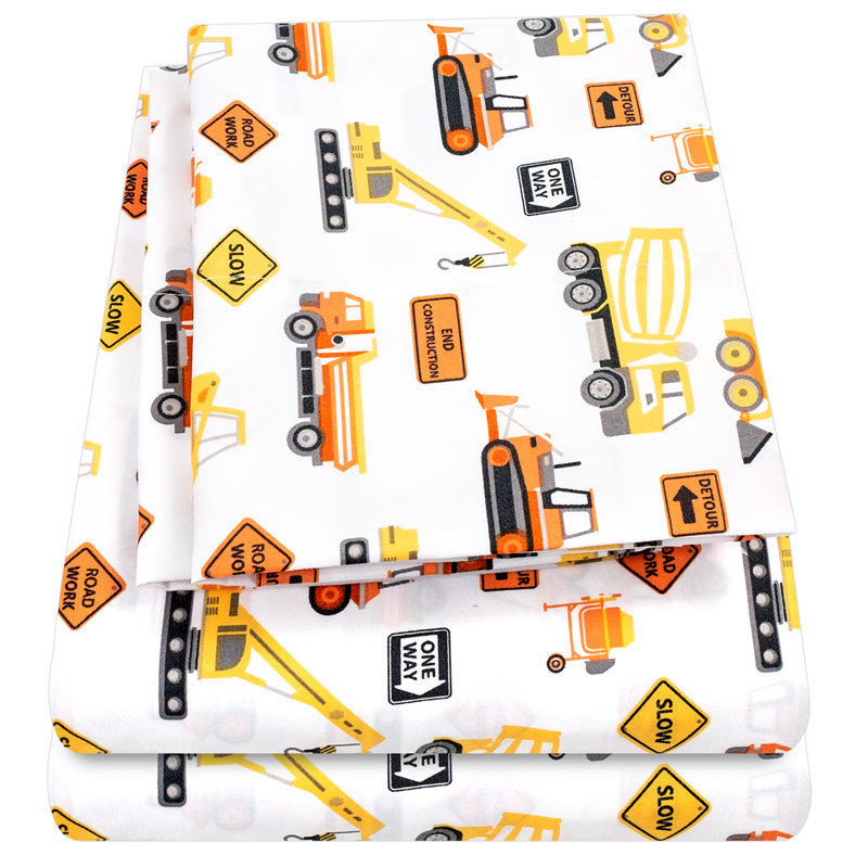 Construction Trucks White Microfiber Twin XL Kids Sheet Set