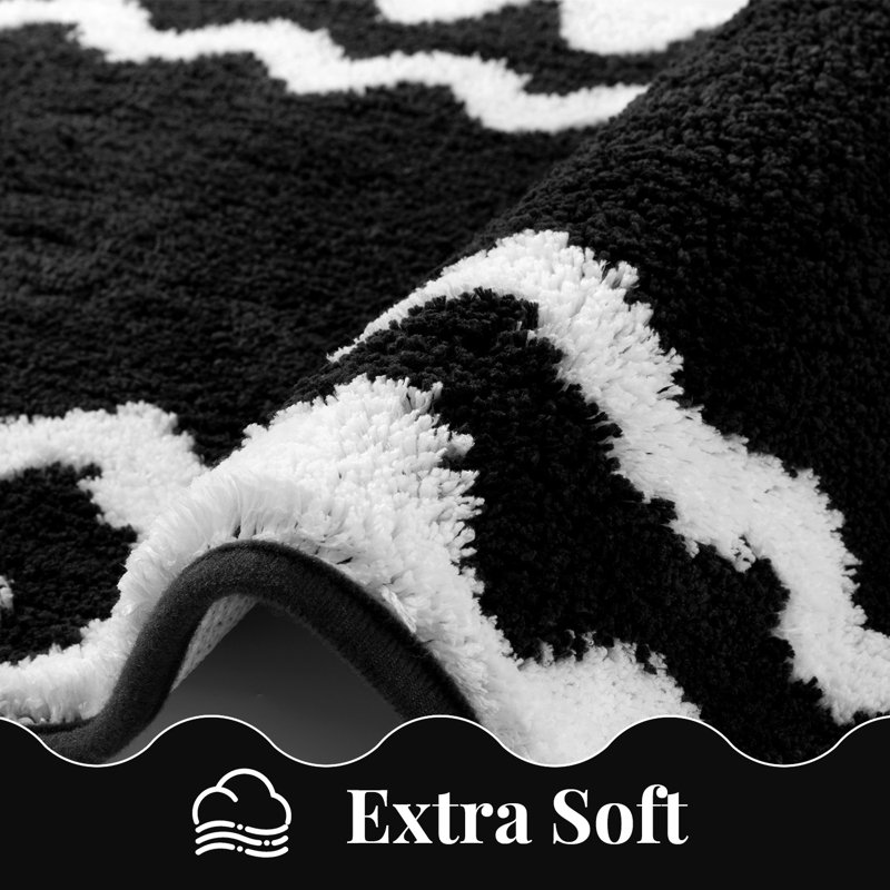 Absorbent Non-Slip Washable Bath Mat Bathroom Rug(Set of 4), Black Geometric