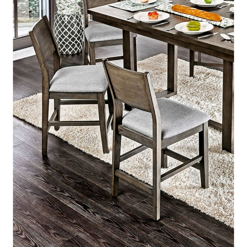 Chaises de salle à manger à hauteur de comptoir contemporaines en bois d'hévéa gris avec sièges rembourrés en tissu en A de 2 pour cuisine à panneau arrière