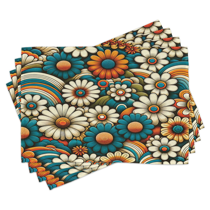 Groovy Floral Orange Teal Ivory Polyester Rectangle Placemats Set of 4