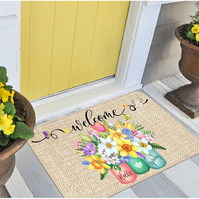 Doormat - Multicolor, Hello Spring Tulips, Floral, Non-Slip Indoor/Outdoor Entrance Mat