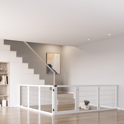 Barrière en bois pour chien, barrière pour animaux autoportante de 170 po, barrière de sécurité pour chien pliable à 6 panneaux avec 2 pieds de soutien pour les escaliers de porte de maison, petits et moyens chiens, blanc