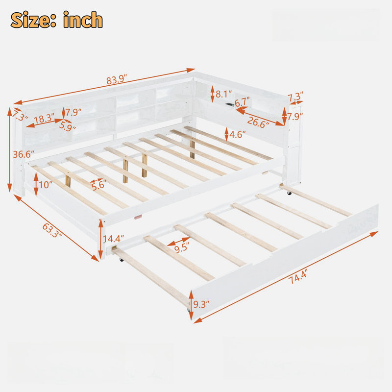 Wooden Daybed With Trundle, Storage Shelf And Usb Charging Ports, White, Full / Double