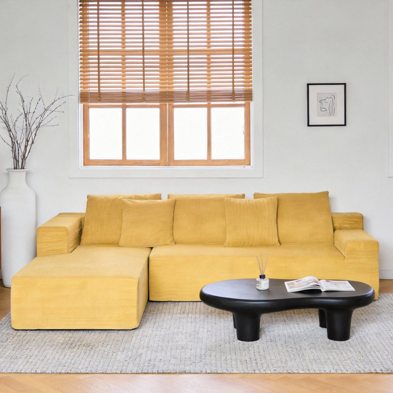 L-Shaped Corduroy Sofa With Chaise – Yellow Frameless Floor Couch, 102.36" X 66.93", Includes Pillows – Ideal For Living Room