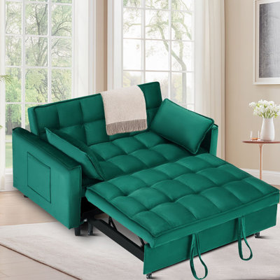 Modern style Convertible Velvet Loveseat Sofa Bed with Adjustable Backrest and Pull-Out Sleeper , with Side Pockets & 2 Pillows