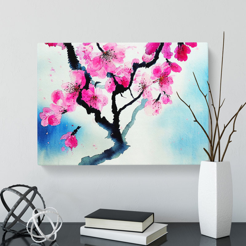 Cherry Blossom Watercolour Flowers - Wrapped Canvas Print, 40cm H x 60cm W x 3cm D
