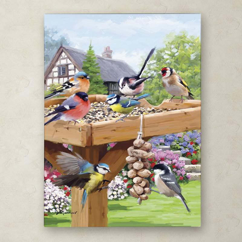 Garden Birds Canvas Art with Feeder and Flowers, 15" x 20"