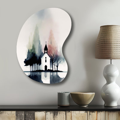 Picturesque Church In The Countryside - Lake House Cottage Boom Shape - Assymterical Metal Wall Art