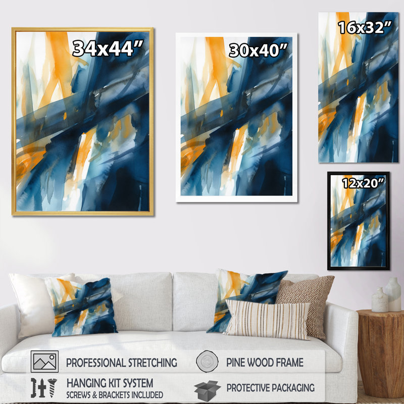 Fusion bleue et dorée sur toile, H 32 po x l 16 po x P 1 po, Cadre flottant noir