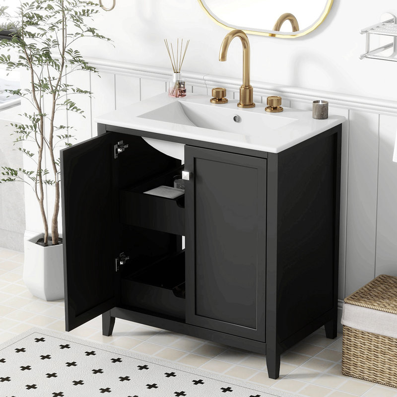 Ensemble de meuble-lavabo autoportant 30 po avec lavabo en céramique style Shaker - 2 portes et 2 tiroirs