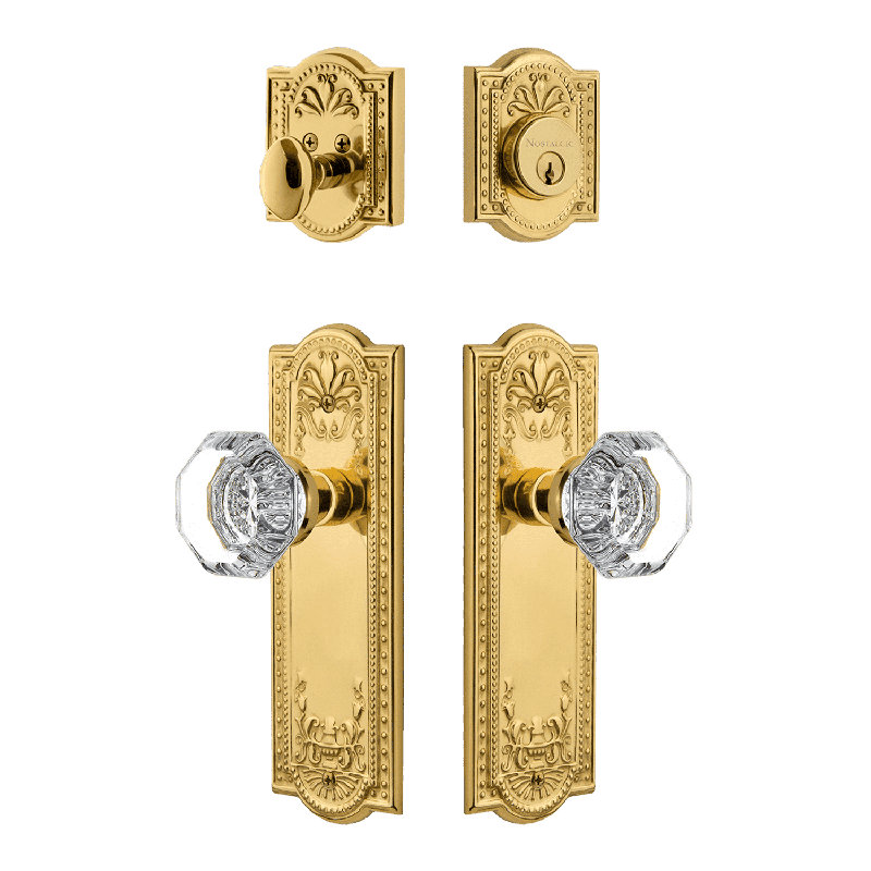 Nostalgic Warehouse Meadows Entry Set with Waldorf Crystal Knob, 2.75, Polished Brass