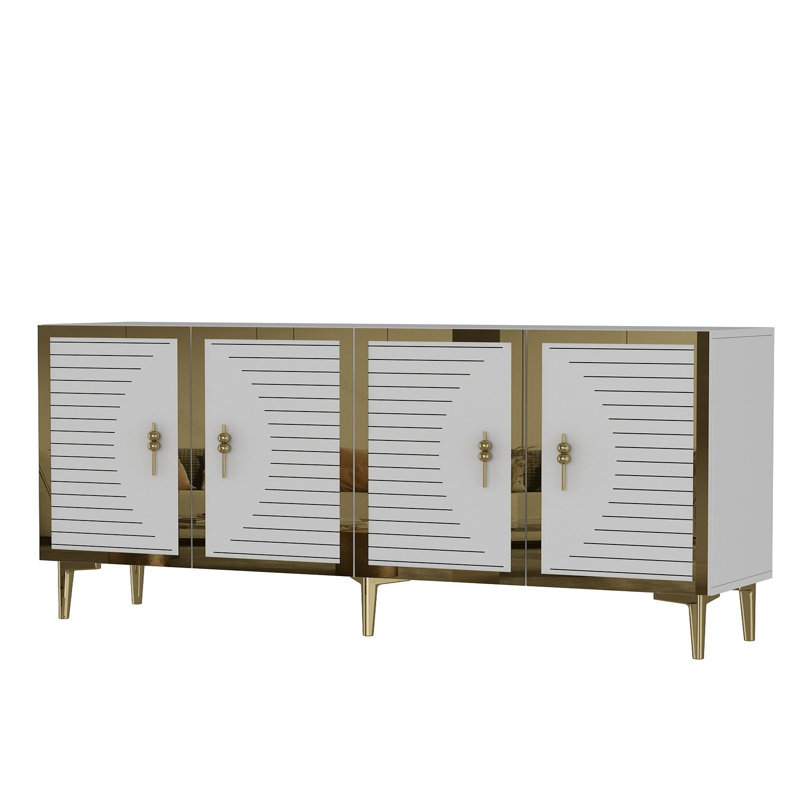 Console moderne avec option de fixation murale, blanche et dorée, 70,9 po x 29,5 po x 12,6 po | 100% panneau de particules enduit de mélamine, épaisseur: 0,7 pouce | Plusieurs tablettes, conception géométrique glamour pour des espaces élégants