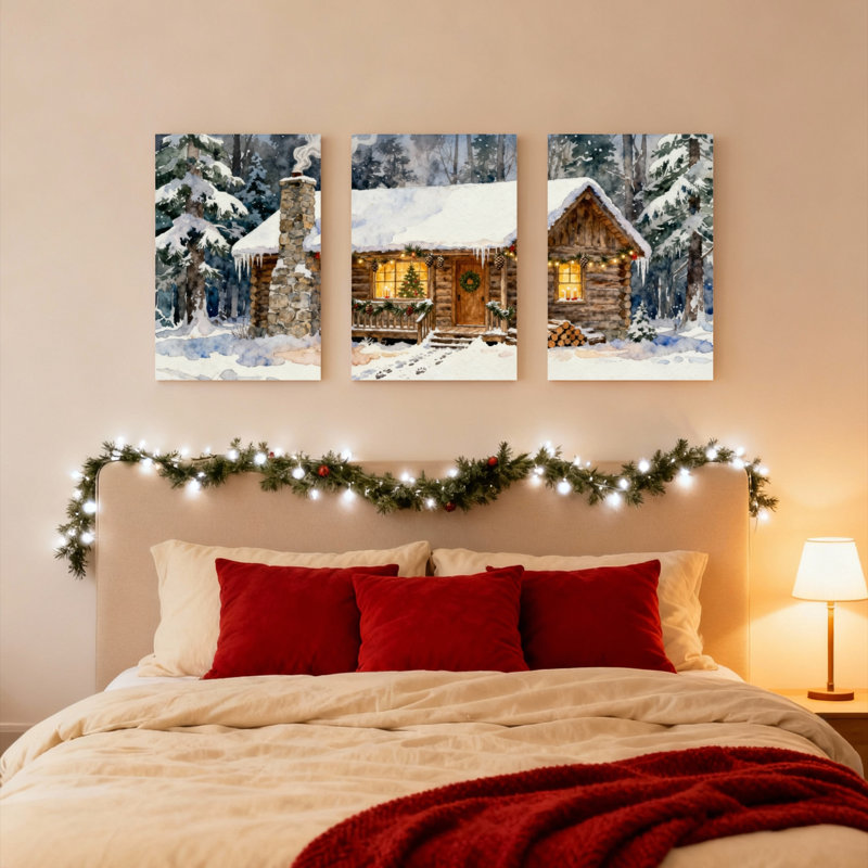 Ensemble de 3 tableaux sur toile représentant un chalet d'hiver dans une forêt enneigée, H 24 po x l 48 po