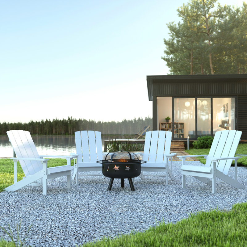 Foyer étoile et lune avec housse en filet et 4 chaises Adirondack en résine de polyester, Blanc