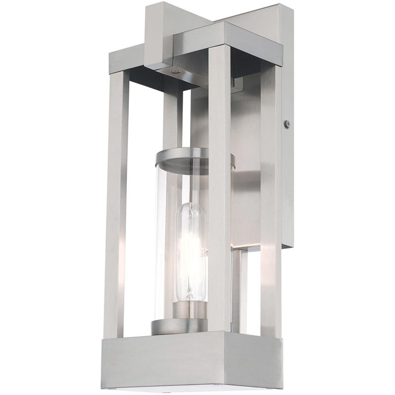 Luminaire suspendu d'extérieur 1 lumière avec abat-jour en verre transparent, Nickel brossé, H 16 po x l 6,25 po x P 6,25 po