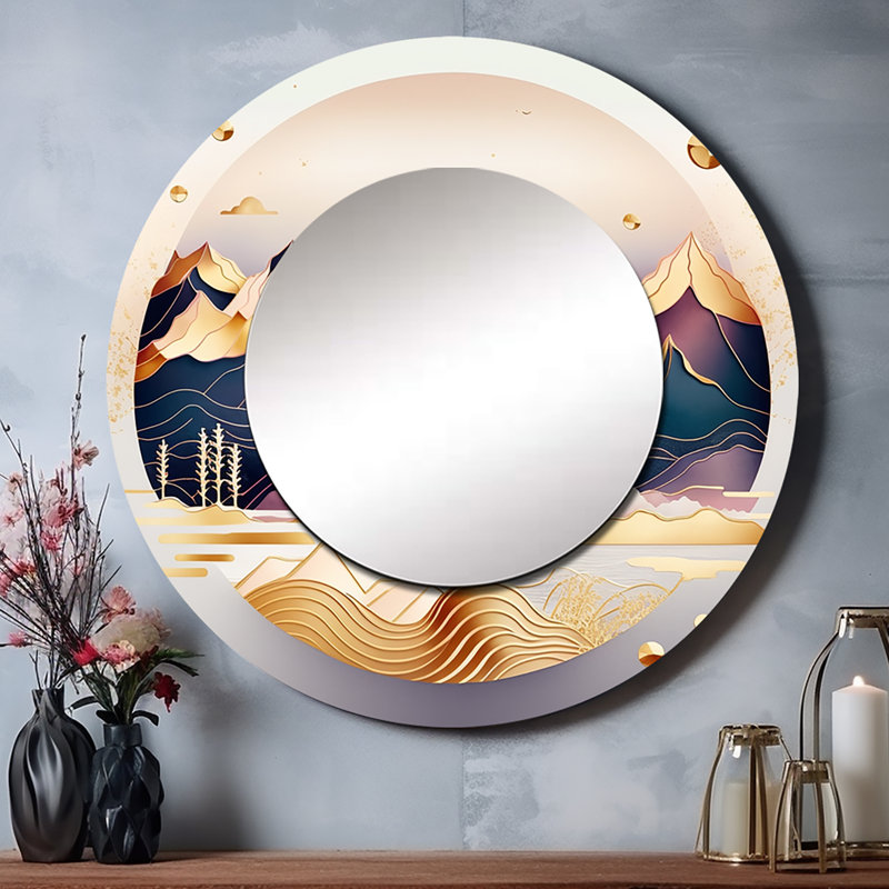 Shontrice Dreamy Golden Mountain V - miroir mural en marbre, miroir décoratif rond doré, impression d'art en métal