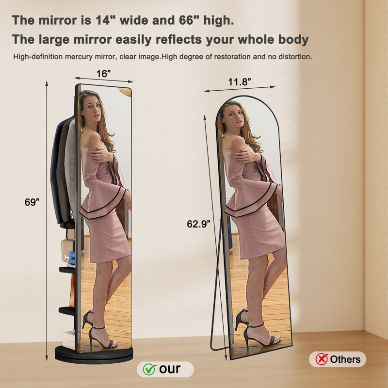 360° Rotating Full Length Floor Mirror With Coat Rack, Multifunctional Storage, Solid Rubberwood, Black, 69"x14", Black