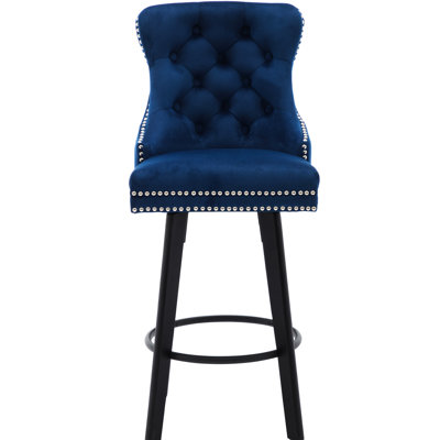 Tabourets de bar bouton en velours avec grand repose-pieds et support, paire de pieds bleu marine