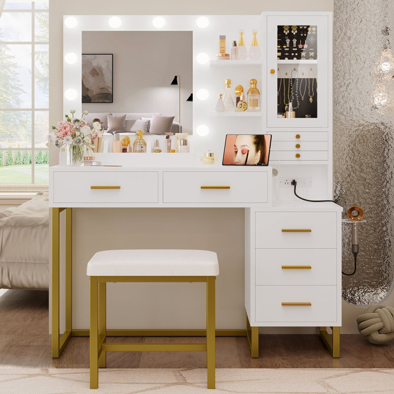 White Vanity Desk With Mirror And Lights, Makeup Vanity With 3-Color Led Lights, 5 Drawers & Storage Shelves, Power Outlet, Dressing Table With Jewelry Storage For Bedroom (Stool Included)