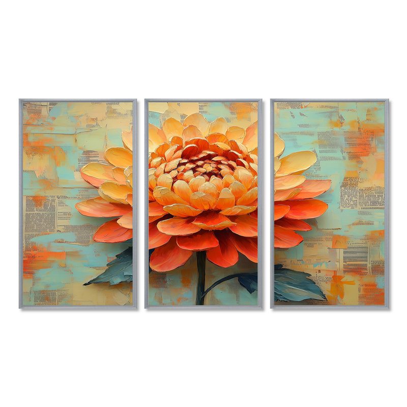 Yellow And Orange Chrysanthemum Golden Glow - Chrysanthemum Wall Decor Set, Silver Floater Framed Canvas