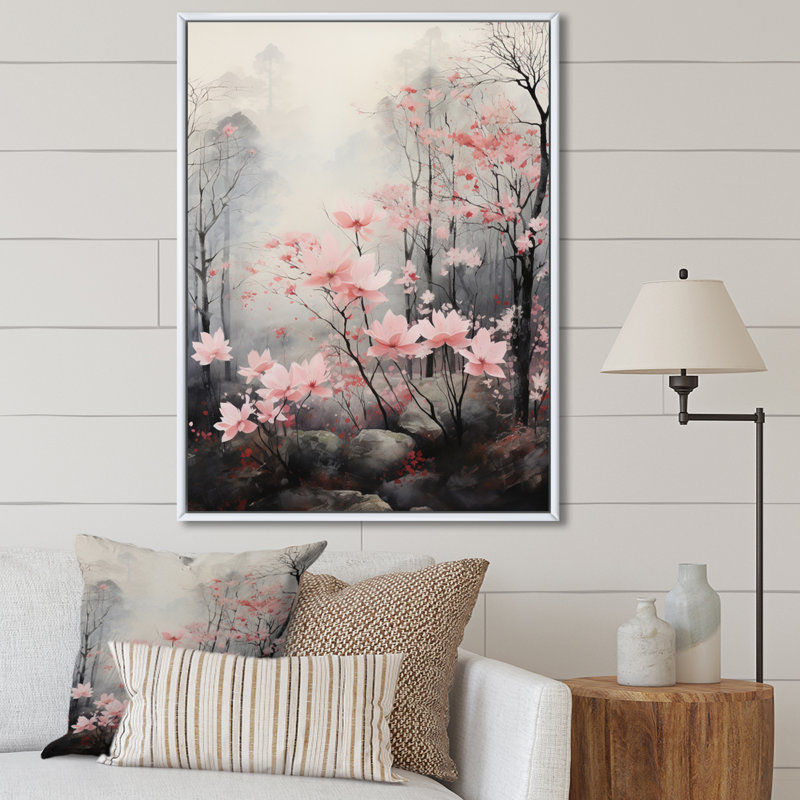 «Pink Forest Whispering Breeze I», reproduction d'art sur toile florale, H 20 po x l 12 po x P 1 po, Cadre flottant blanc