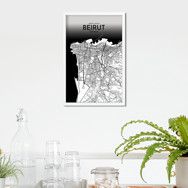 Carte de la ville de Beyrouth, impression maritime, H 17 po x l 11 po, Noir / blanc