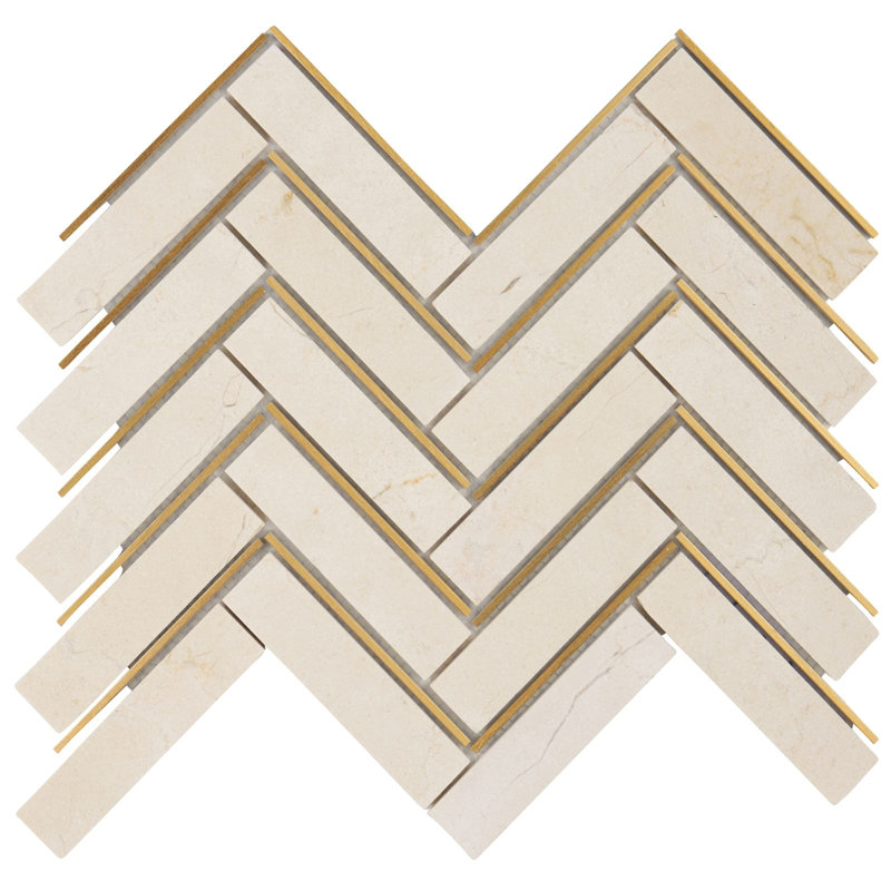 Gold Trim Inlay Herringbone Natural Stone Mosaic Tile, Cream