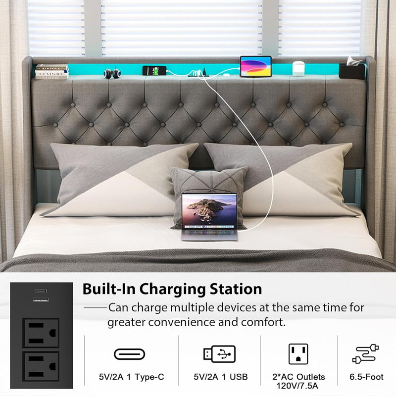 Upholstered Bed Frame with 4 Drawers, Bed with Storage Headboard, Charging Station and LED Lights, King