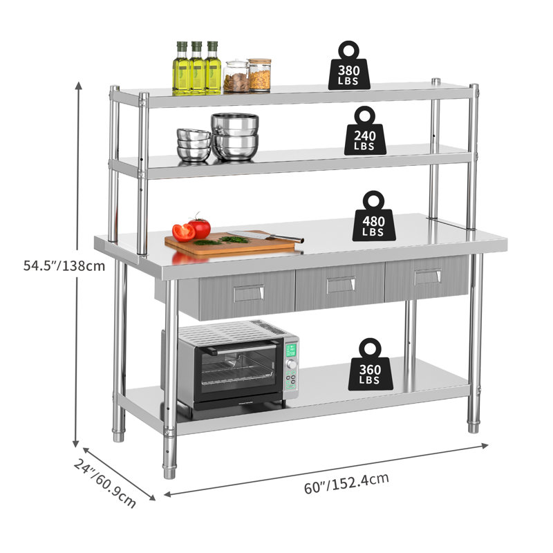 Edrosie Inc Stainless Steel 60 in. L x 24.00 in. W x 31.40 in. H Adjustable Work Table