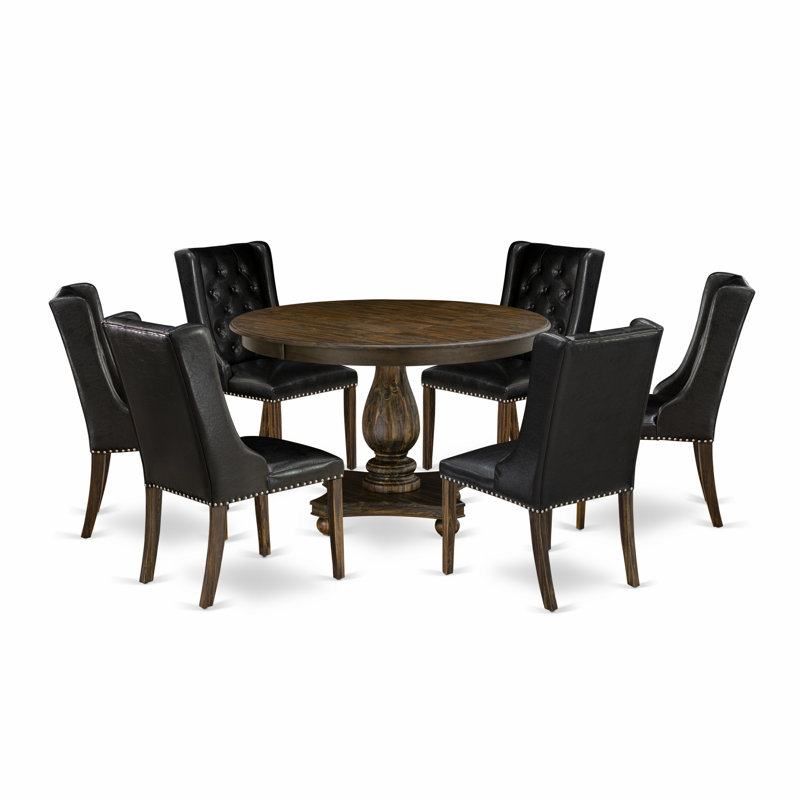 7 Piece Dining Room Table Set Consist of a Round Dining Table with Pedestal and 6 Black Faux Leather Upholstered Chairs, Distressed Jacobean