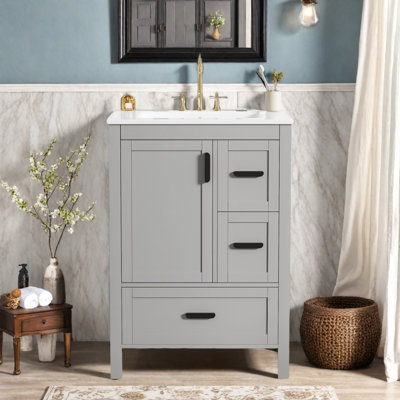 24" Bathroom Vanity With Ceramic Top, Cabinet And Drawers