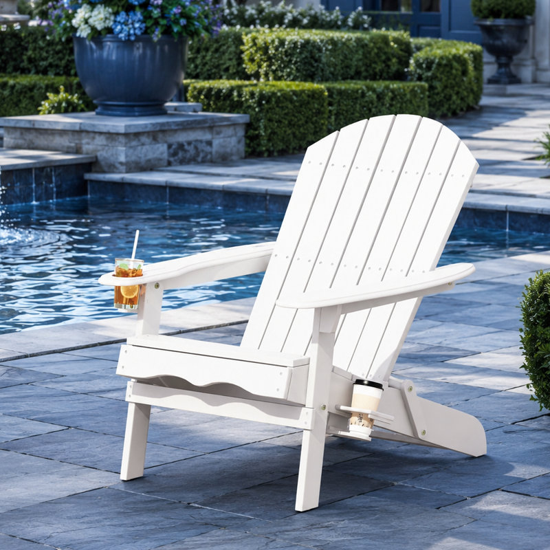 Chaise Adirondack blanche pour l'extérieur avec porte-gobelets, chaise longue en bois pour terrasse et bord de piscine
