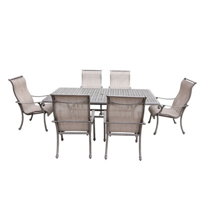 Table de salle à manger en fonte d'aluminium avec chaises élingues - gris, résistant aux intempéries, table spacieuse pour 6 personnes grises, 7 pièces, table rectangulaire, espaces extérieurs résistants aux intempéries