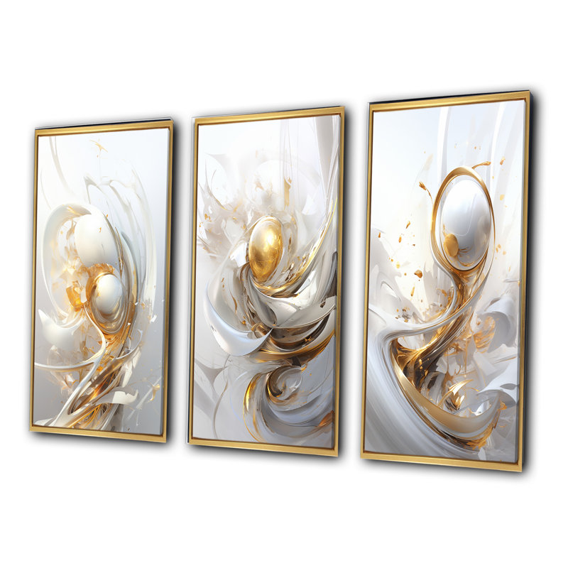 «Gold Sphere Fractal», 3 pièces sur toile, H 40 po x l 60 po, Cadre flottant doré