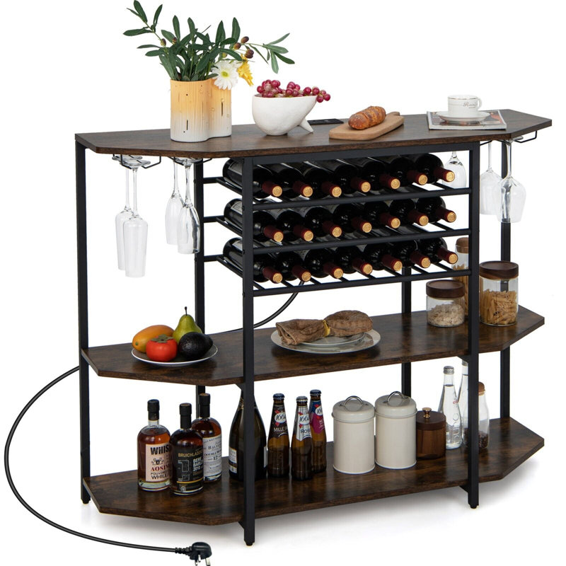 Ajayi Floor Wine Bottle & Glass Rack, Brown