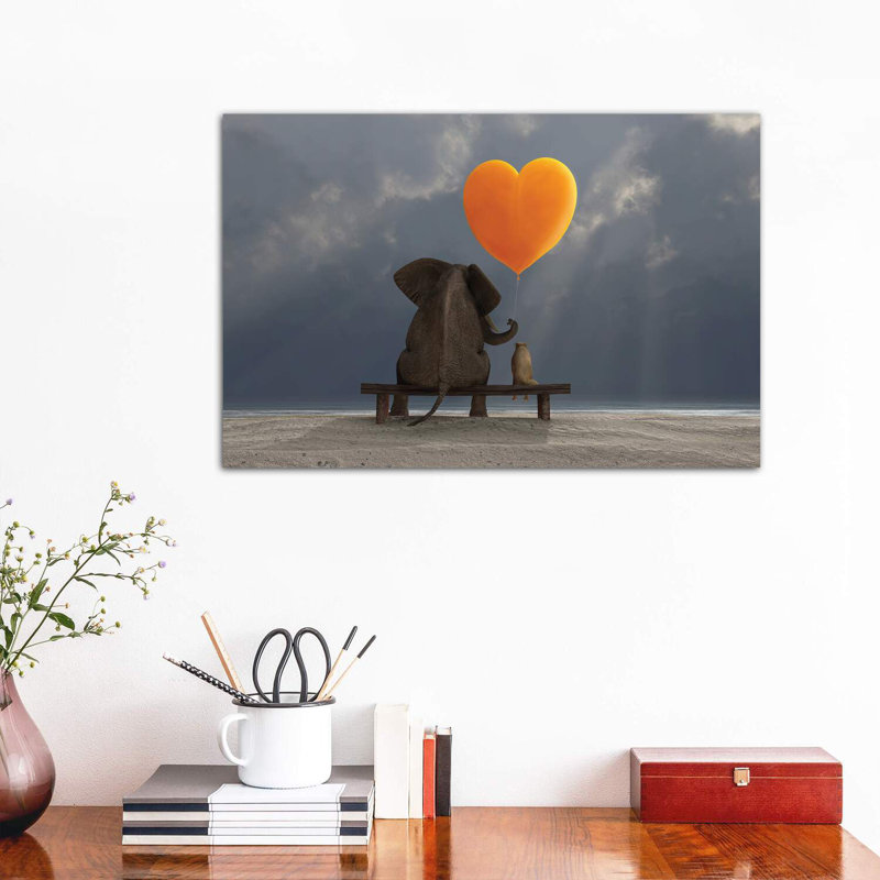 Elephant And Dog Holding A Heart Shaped Balloon by Mike Kiev - Wrapped Canvas Print, 66.04 cm H x 45.72 cm W x 1.91 cm D