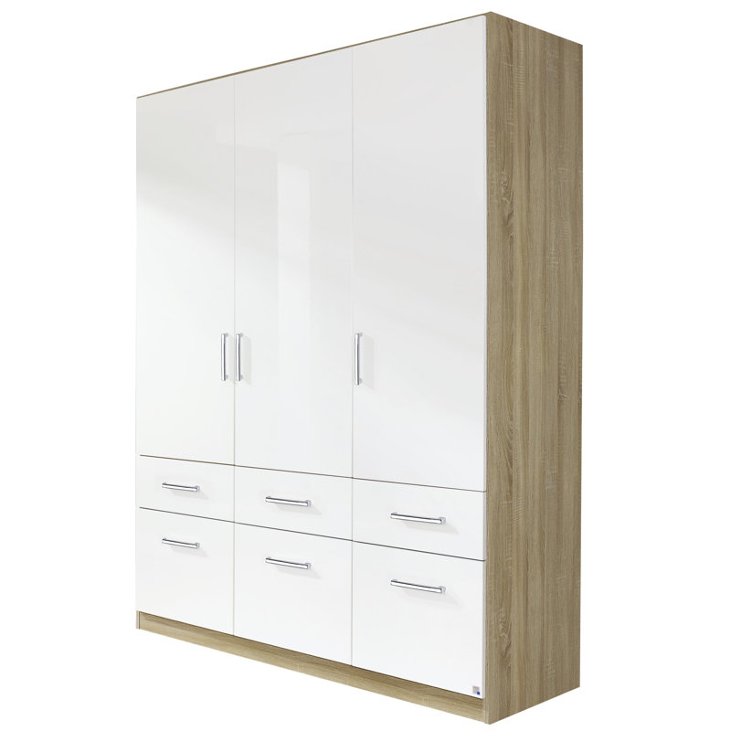 Berlin 3 Hinged Door Wardrobe Front High Gloss 6 Drawer INCL. Delivery and Assembly, 197cm H x 136cm x 54cm D, White/Brown