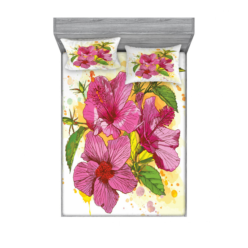Microfiber Floral Sheet Set, Queen Sheet Set with Fitted Sheet