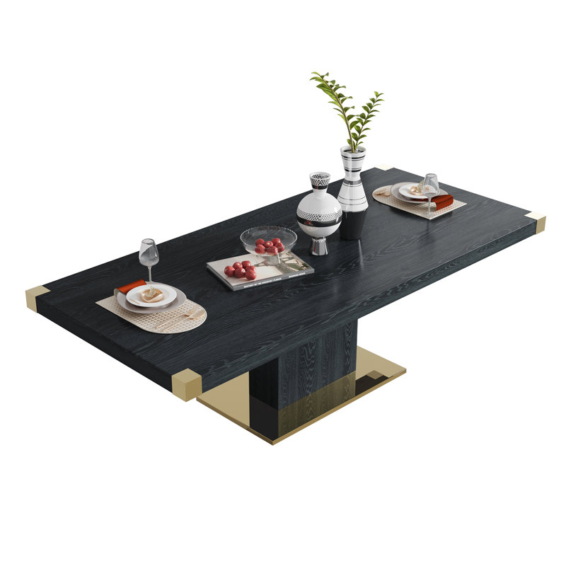 Table de salle à manger en panneau de fibres à densité moyenne avec coin au fini doré, pilier en panneau de fibres à densité moyenne et base en acier inoxydable