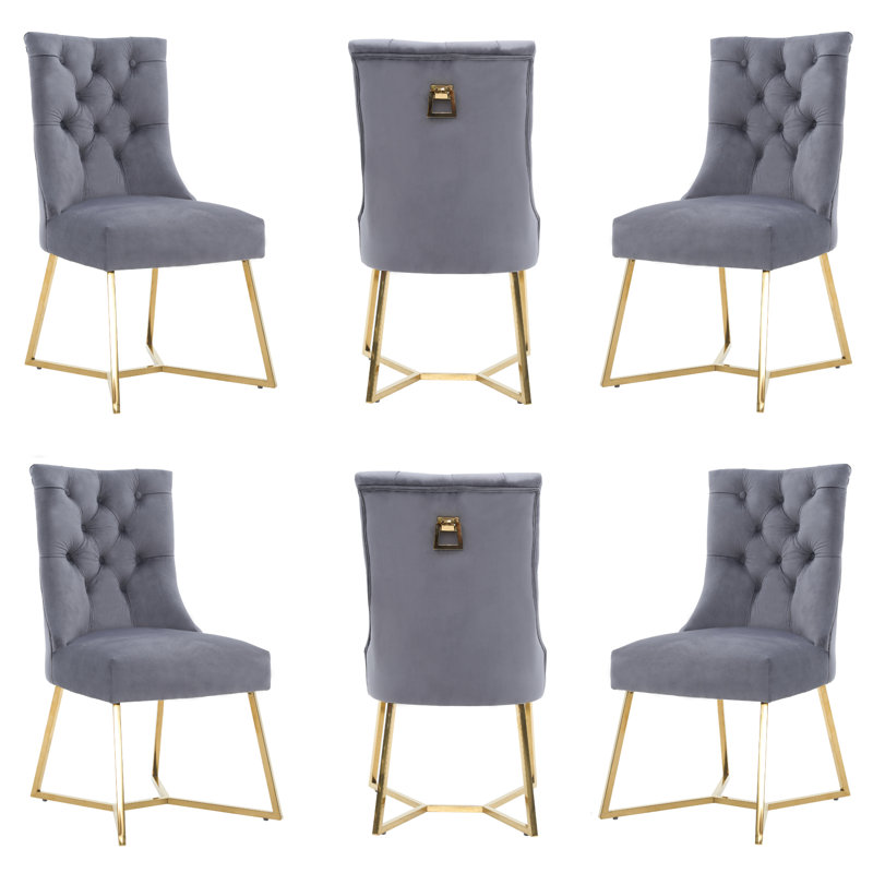 Ambra Modern Velvet Dining Chair With Gold Legs, Ring Handle & Tufted Back, Grey