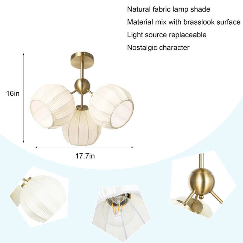 17.7" Gold 3-Light Semi-Flush Mount Chandelier