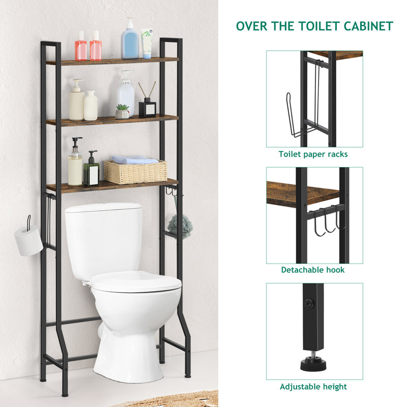 Rustic Brown Over-The-Toilet Storage Shelf with Hooks, Black