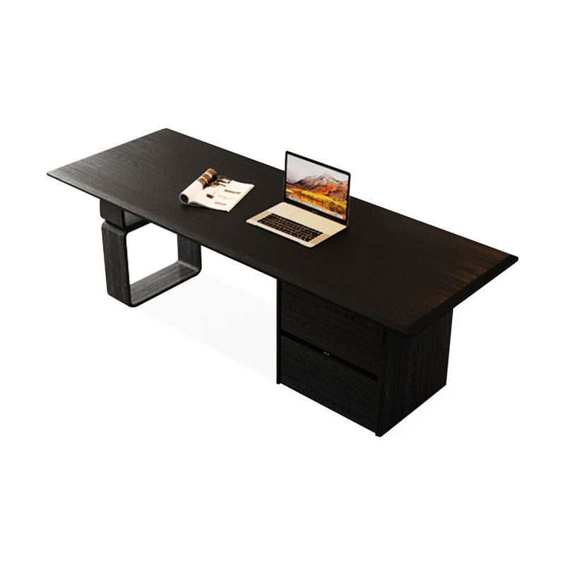 Bureau rectangulaire noir massif + bois manufacturé + acrylique avec 2 tiroirs, Right Hand Return