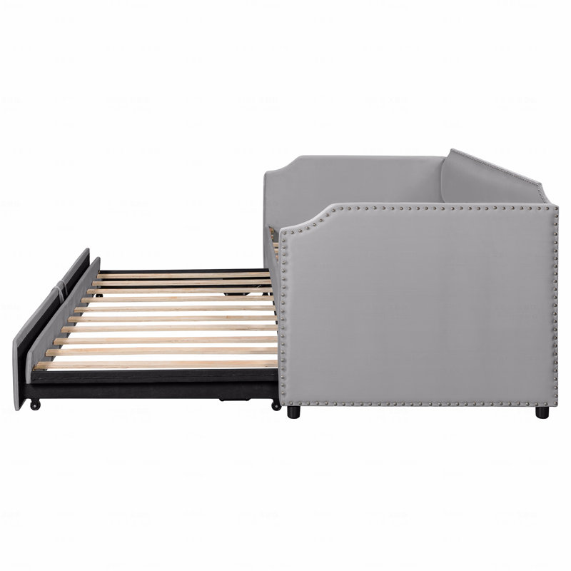 Twin Size Velvet Upholstered Design Daybed Frame With Pop Up Trundle, Gray