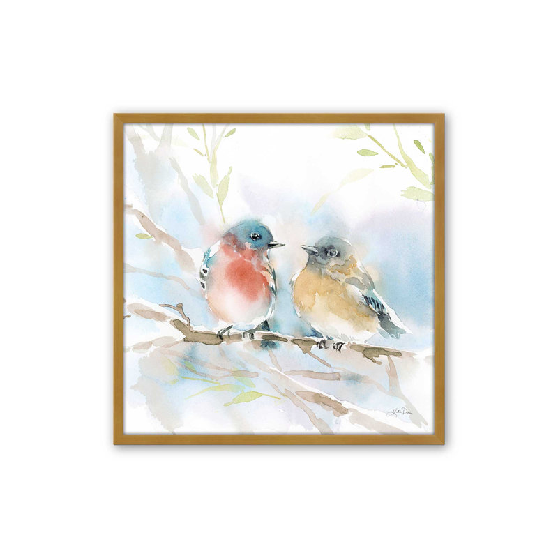 «Bluebird pair in Spring» par Katrina Pete - reproduction d'art sur toile tendue, H 20 po x l 20 po, Doré
