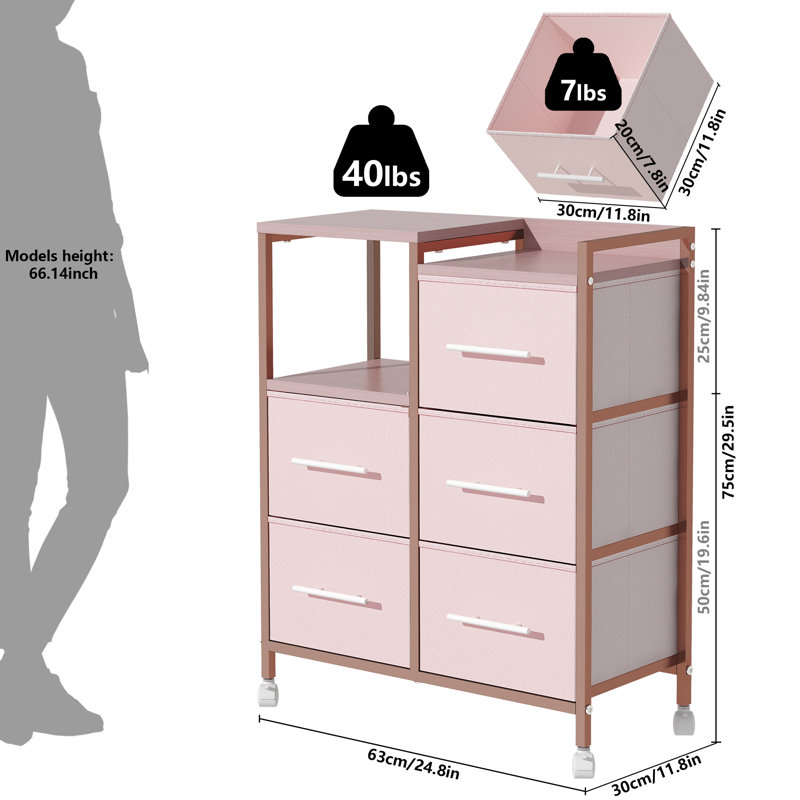 30cm W 5 - Drawer Chest of Drawers, Pink